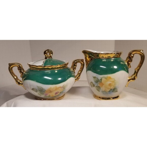 Vintage Porcelain Yellow Rose Creamer & Sugar Bowl Gold Trim - Picture 1 of 6